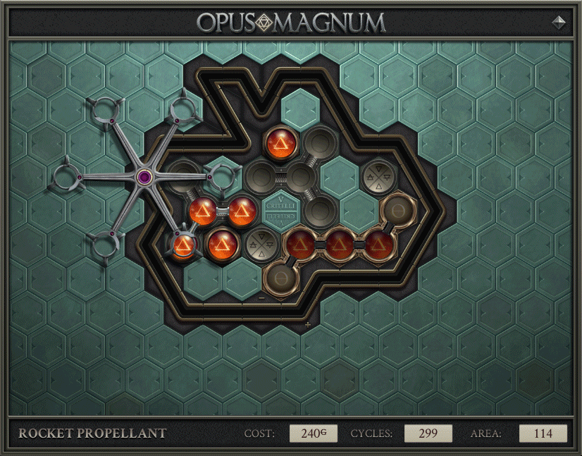 A GIF showing a solution to "Rocket Propellant", where one hex-arm moves on a looping path, taking atoms across various other components to solve the puzzle.
